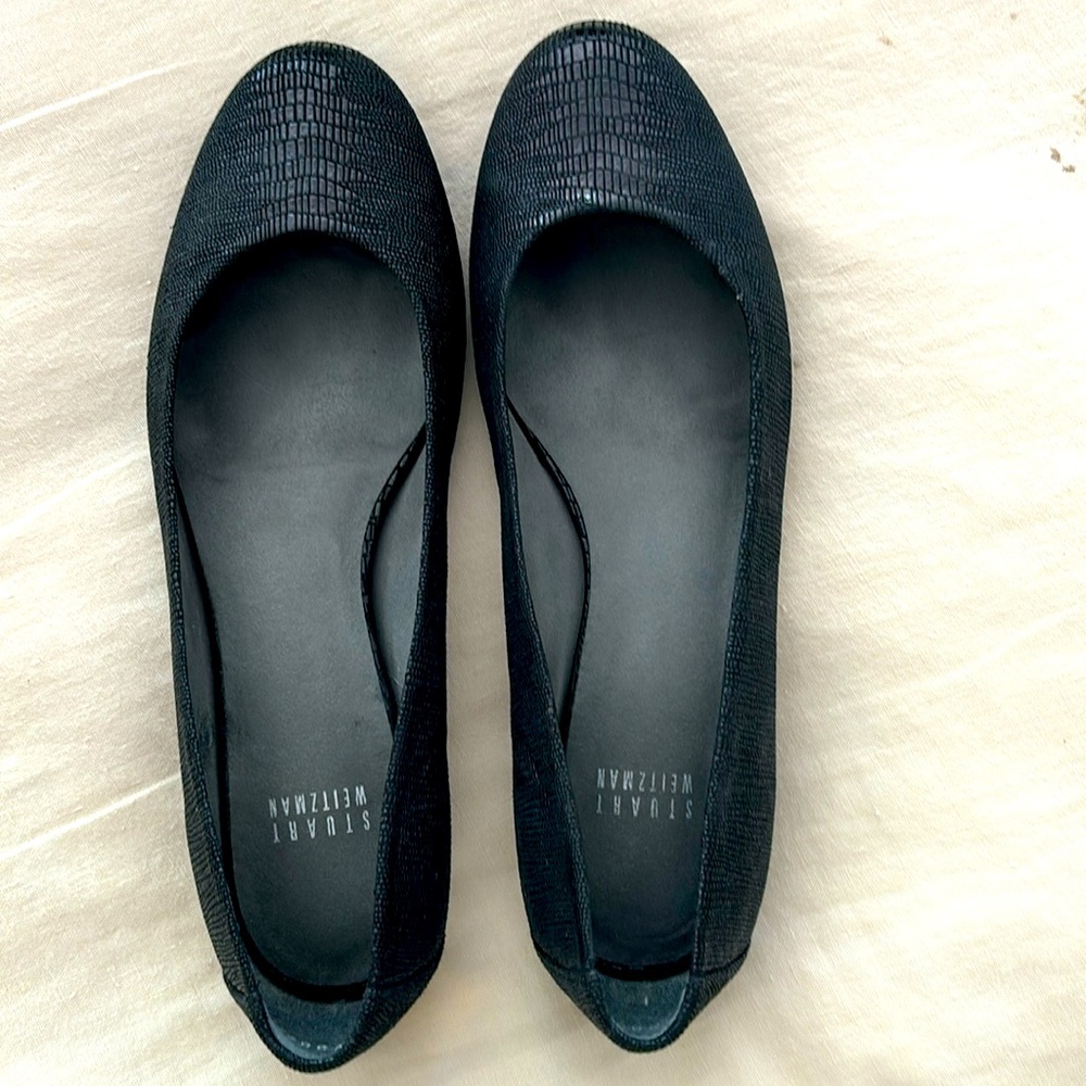 Stuart Weitzman Black Textured Leather Ballet Flats
